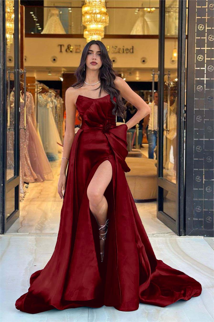 Hellodresses Chic Navy Blue Strapless Sleeveless Long Split Prom Dress With Bowknot