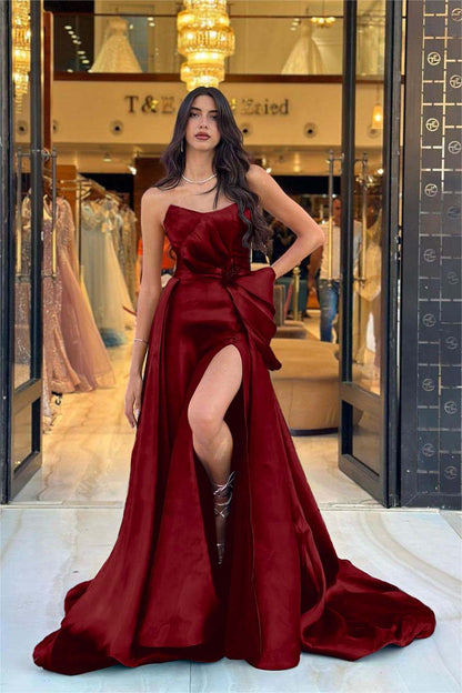 Hellodresses Chic Navy Blue Strapless Sleeveless Long Split Prom Dress With Bowknot