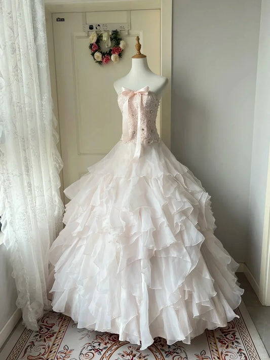 Princess A Line Sweetheart Neck Rhinestone Tiered Light Pink Tulle Party Dress Birthday Dress SH2885
