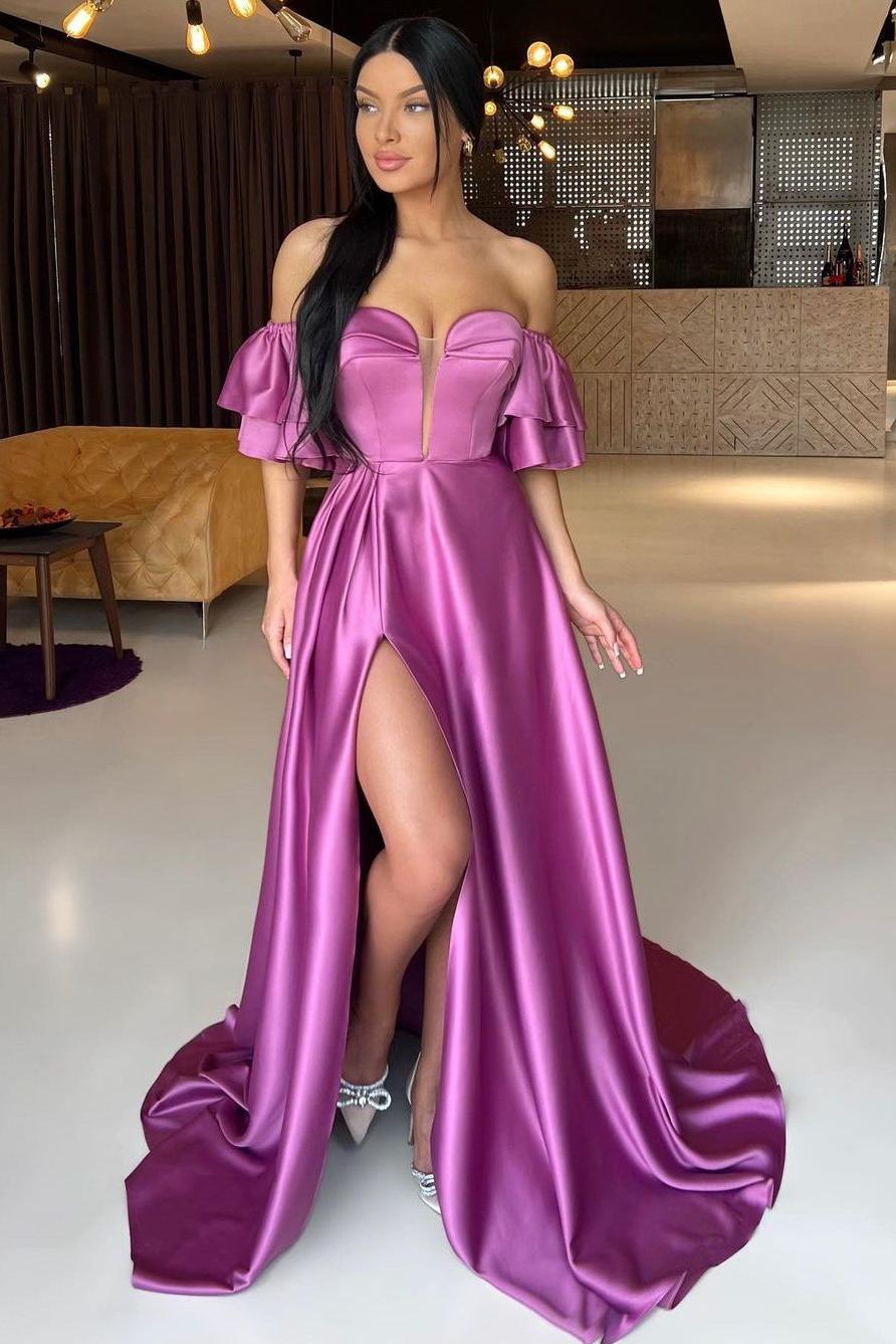 Chic Purple Satin Off the Shoulder Strapless Split Prom Dress with Ruffles | Zelldresses