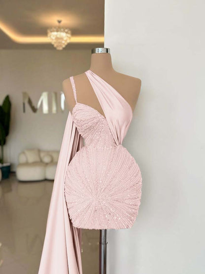 One Shoulder Sleeveless Short Homecoming Dress With Beading HC0152