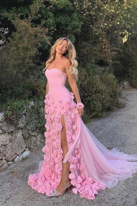 Amazing Pink Satin Strapless Sleeveless Tulle Split Prom Dress with Flowers | Zelldresses