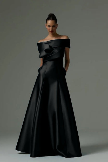 Off the Shoulder Sleeveless Long Prom Dress With Pleated Pocket ZT0773