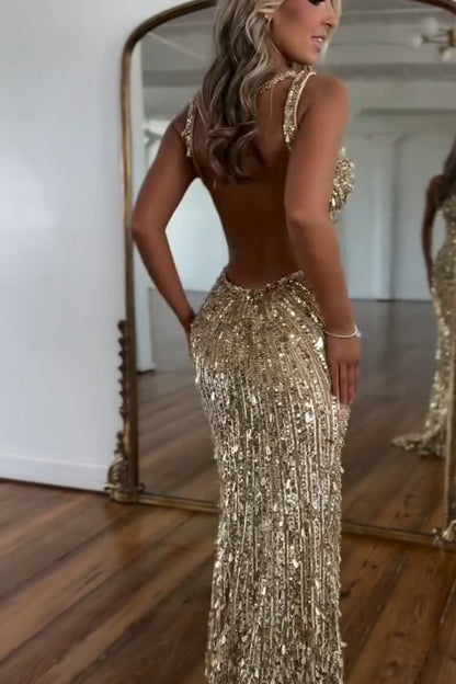 Charming Gold Sequins Spaghetti Strap Sleeveless V Neck Long Prom Dress with Split | Zelldresses