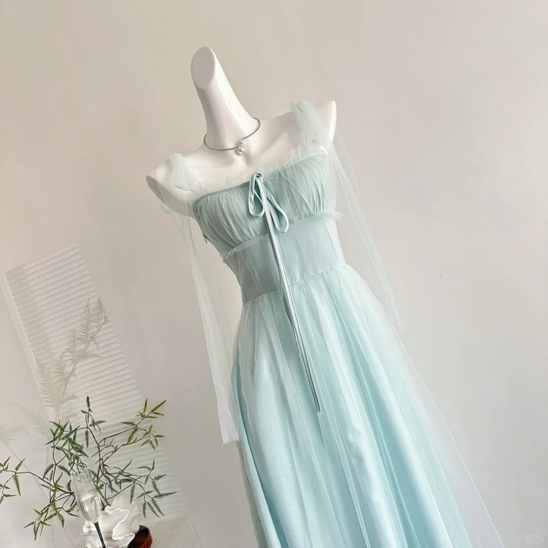 Elegant Light Blue A-line Square Neck Tulle Long Prom Dress Evening Dress Bridesmaid Dress P4008