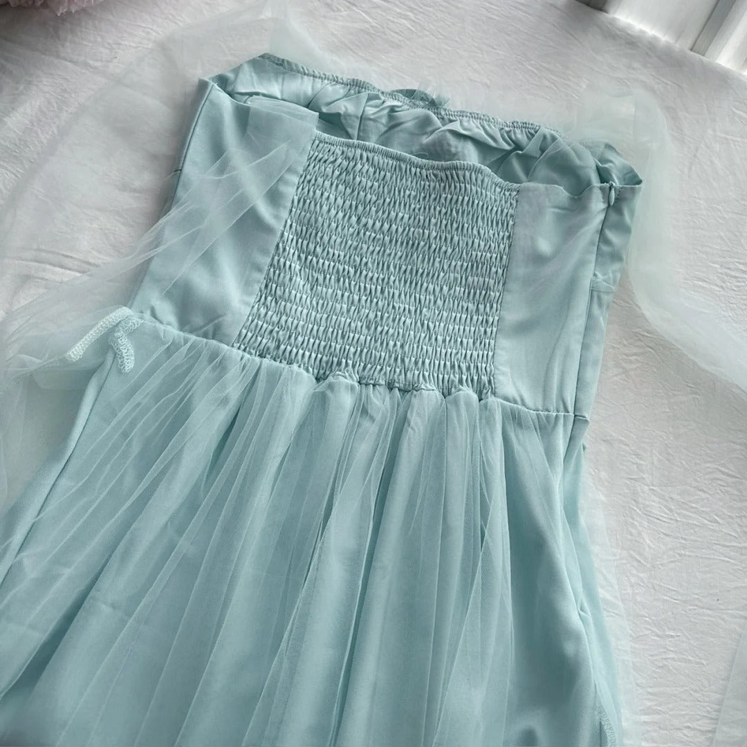 Elegant Light Blue A-line Square Neck Tulle Long Prom Dress Evening Dress Bridesmaid Dress P4008