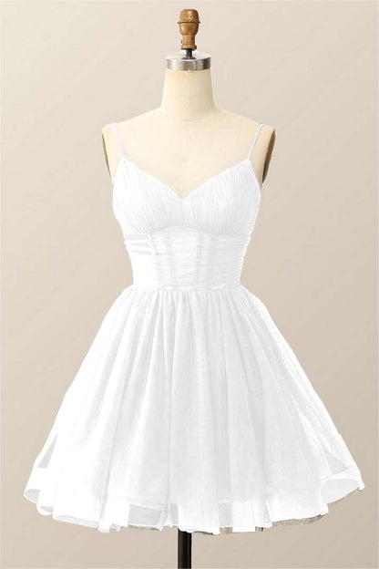 Dark Navy Tulle Spaghetti Strap Sleeveless Pleated A-Line Homecoming Dress HC0019