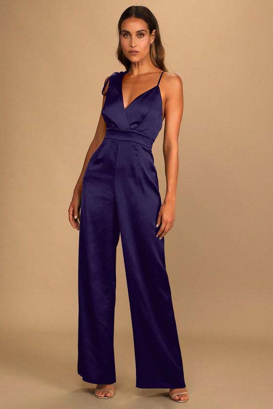 Hellodresses Chic Satin Dark Green Spaghetti Strap Sleeveless V-Neck Wide Leg Jumpsuit