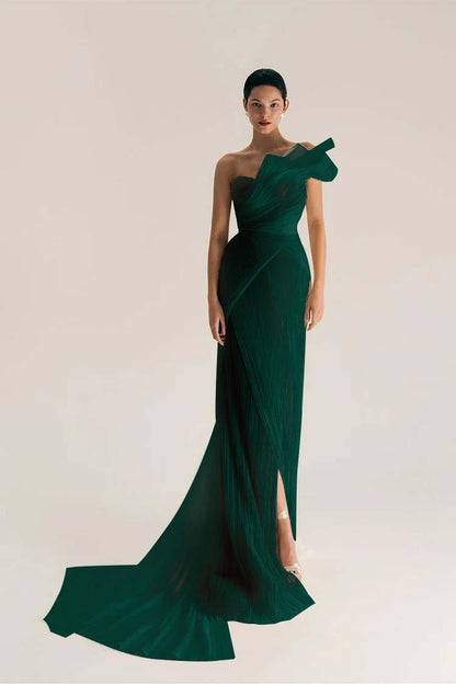 Chic One Shoulder Sleeveless Long Split Prom Dress With Pleated XJ0906