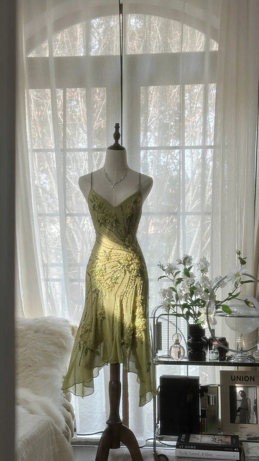 Gentle Mermaid Spaghetti Strap Beaded Flower Green Chiffon Party Dress Homecoming Dress SH2958