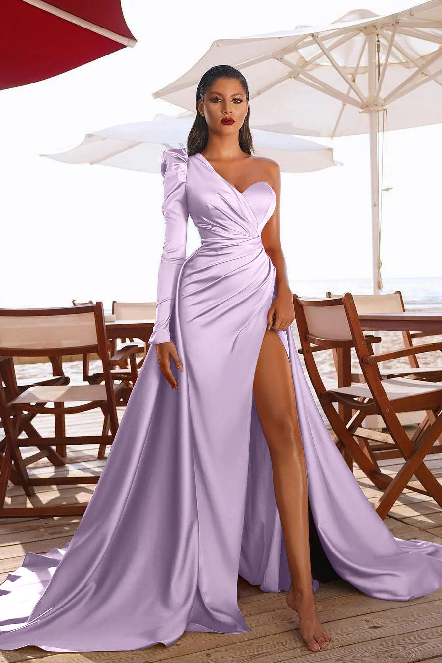 One Shoulder Long Sleeves Prom Dres With Split PD0105