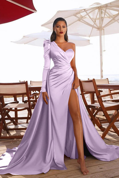 One Shoulder Long Sleeves Prom Dres With Split PD0105
