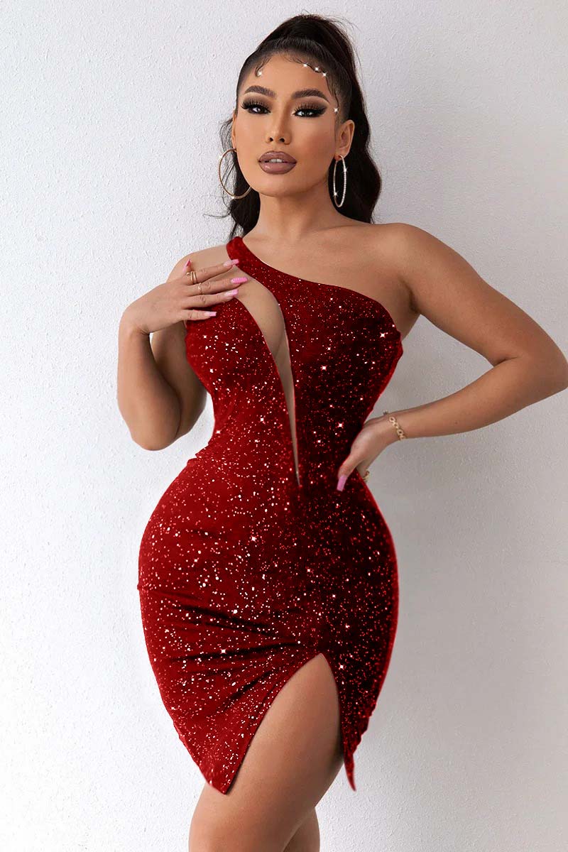 Hellodresses Black One Shoulder Sleeveless Short Homecoming Dress Sequins With Split