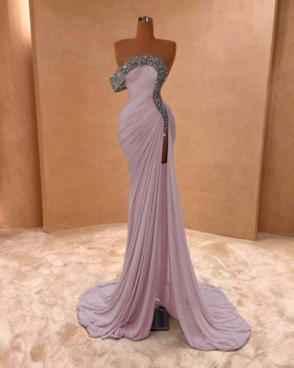 One Shoulder Sleeveless Long Split Prom Dress With Pleated Sequins ZC0079