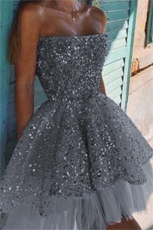 Shining Silver Sequins Strapless Sleeveless A-Line Homecoming Dress with Ruffles HC0028