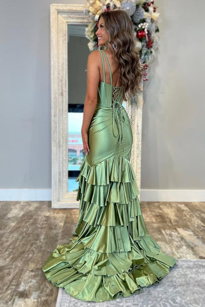 Charming Dusty Sage Satin Spaghtti Strap Sleeveless Long Split Prom Dress with Ruffles | Zelldresses