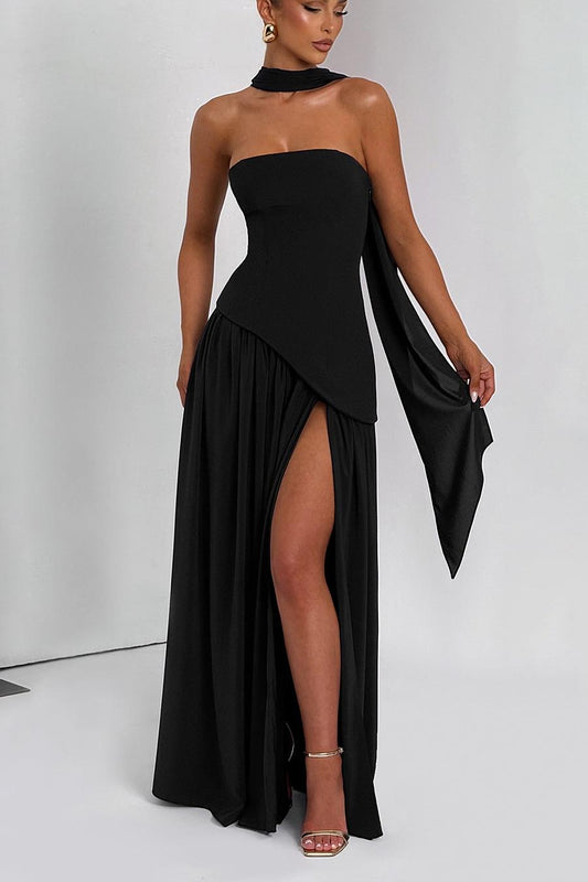Elegant Black Strapless Sleeveless Pleated Split Prom Dress with Scarf | Zelldresses