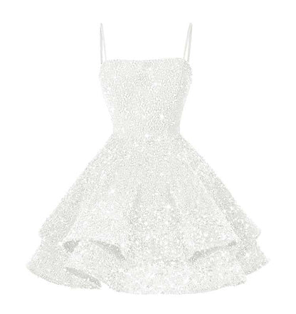 Light Pink Sequins Spaghetti Strap Sleeveless Short Homecoming Dress with Ruffles YO070