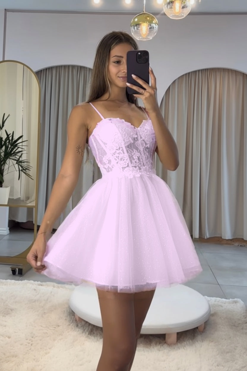 Dark Navy Spaghetti Strap Sleeveless Short A-Line Homecoming Dress With Appliques