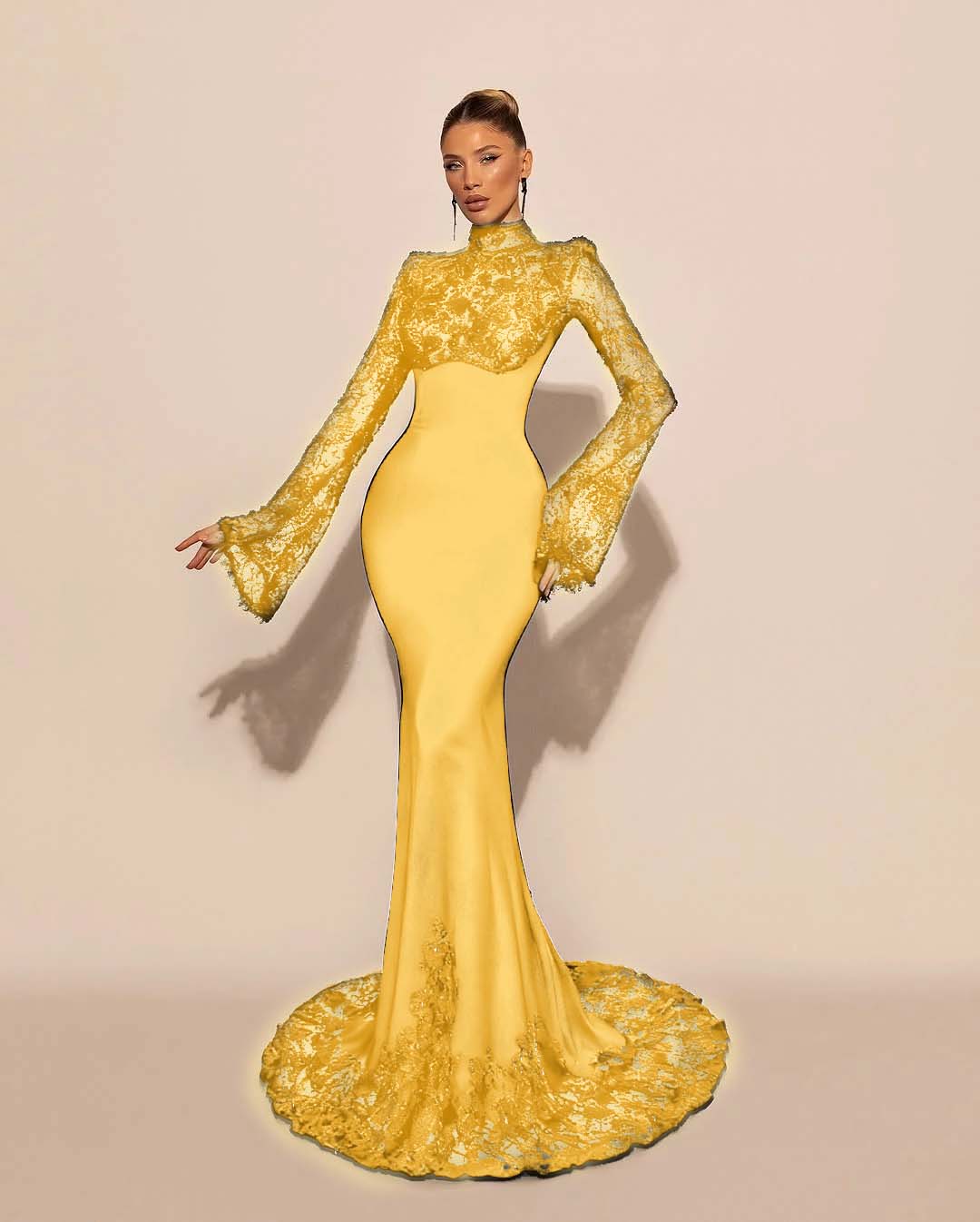 Luxurious Black High Neck Lace Long Sleeves Mermaid Prom Dress YK0572