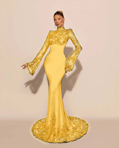 Luxurious Black High Neck Lace Long Sleeves Mermaid Prom Dress YK0572