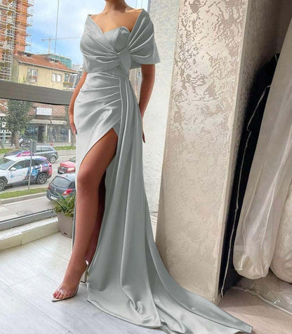 Gorgeous Dusty Sage Portrait V-Neck Pleated Slit Prom Dress with Ruffle ED0486