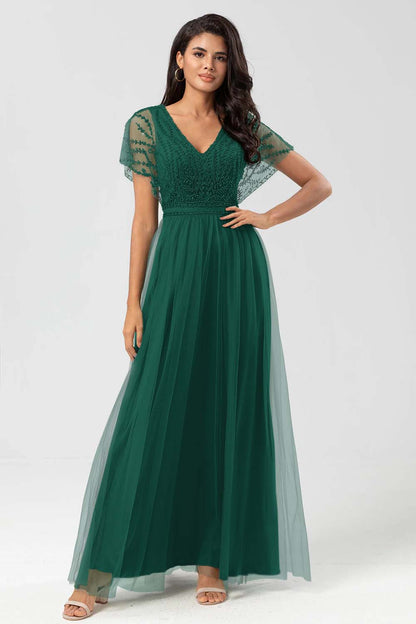 Green V Neck A Line Ankle Length Bridesmaid Dress with Lace YU0058