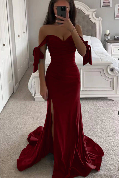 Emerald Green Sweetheart Off-the-Shoulder Mermaid Long Slit Prom Dress | Zelldresses