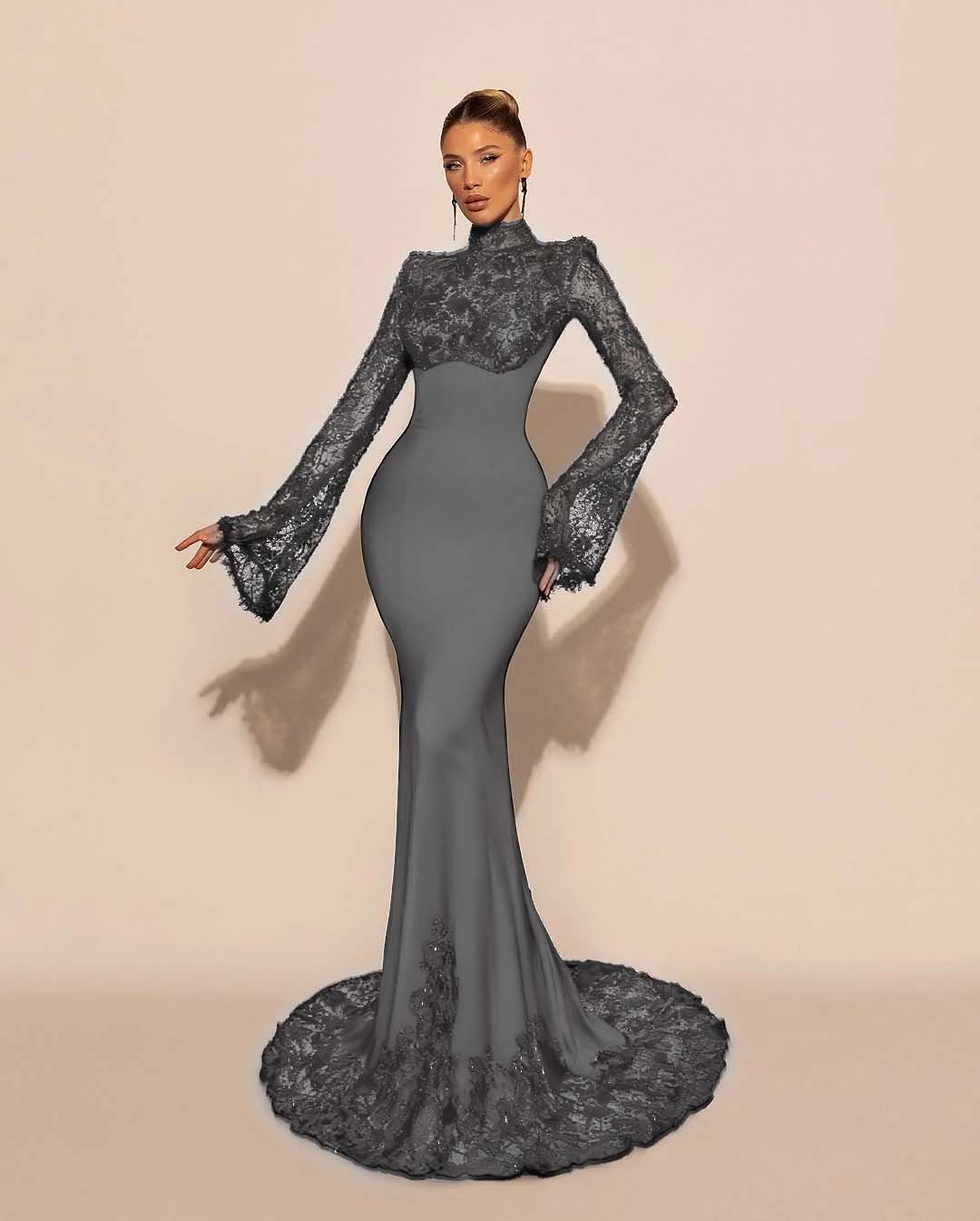 Luxurious Black High Neck Lace Long Sleeves Mermaid Prom Dress YK0572