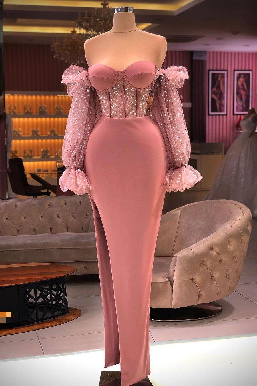 Black Sweetheart Off the Shoulder Long Sleeves Split Prom Dress With Sequins XJ0214