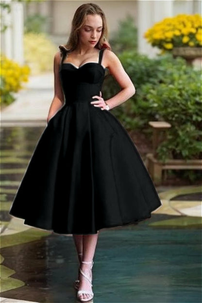 Red Satin Sweetheart Spaghetti Strap A Line Mid Homecoming Dress with Ruffles HC0037