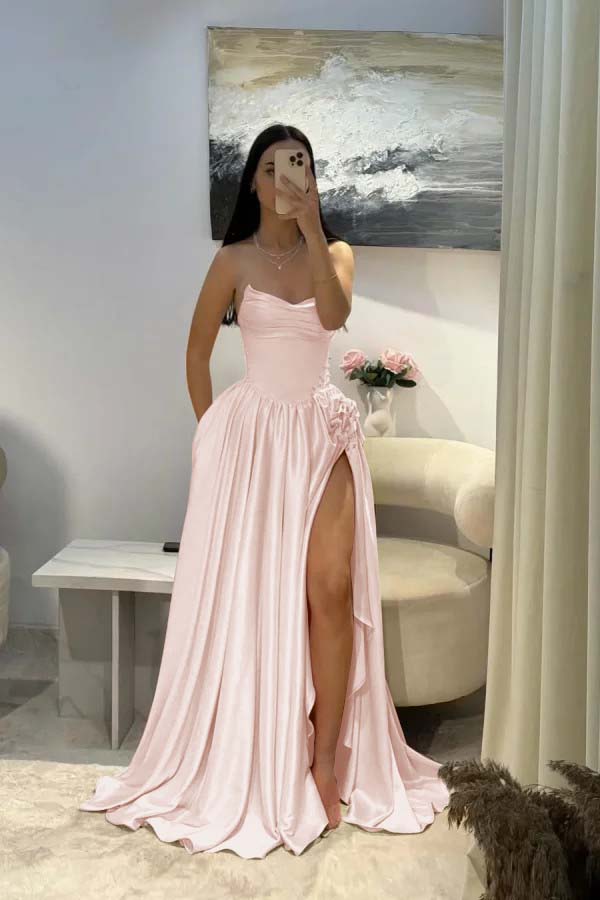 Elegant Pink Satin Strapless Beaded Sleeveless Pleated Split Prom Dress | Zelldresses