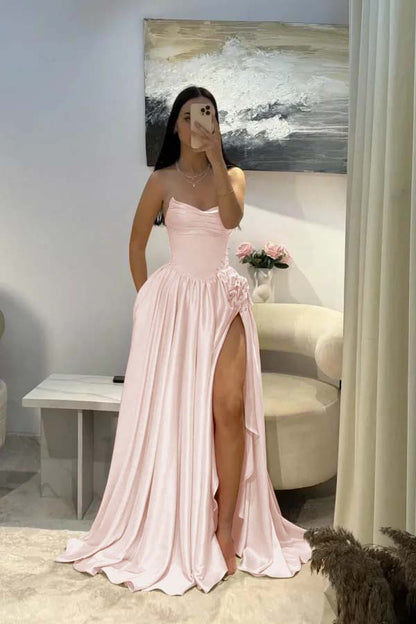 Elegant Pink Satin Strapless Beaded Sleeveless Pleated Split Prom Dress | Zelldresses