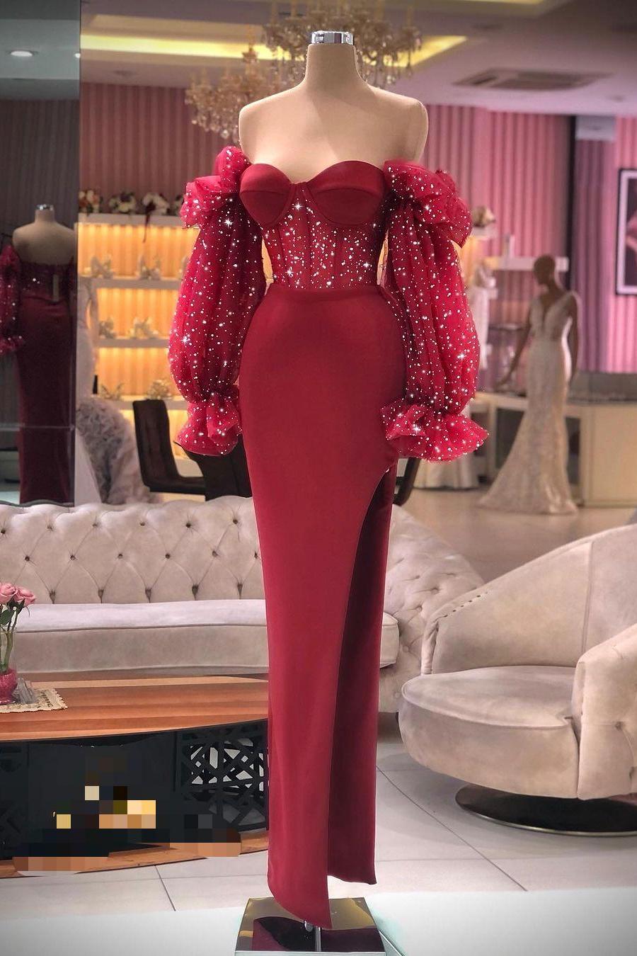 Black Sweetheart Off the Shoulder Long Sleeves Split Prom Dress With Sequins XJ0214