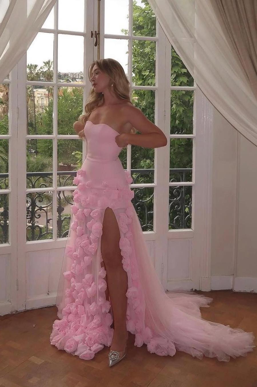 Amazing Pink Satin Strapless Sleeveless Tulle Split Prom Dress with Flowers | Zelldresses