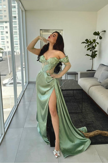 Beautiful Green Satin Off the Shoulder Strapless Long Split Prom Dress with Applique | Zelldresses