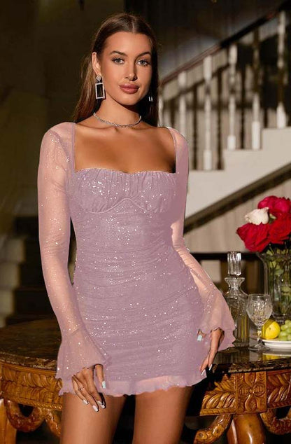 Sequins Long Sleeves Square Short Homecoming Dress With Ruffles HC0145