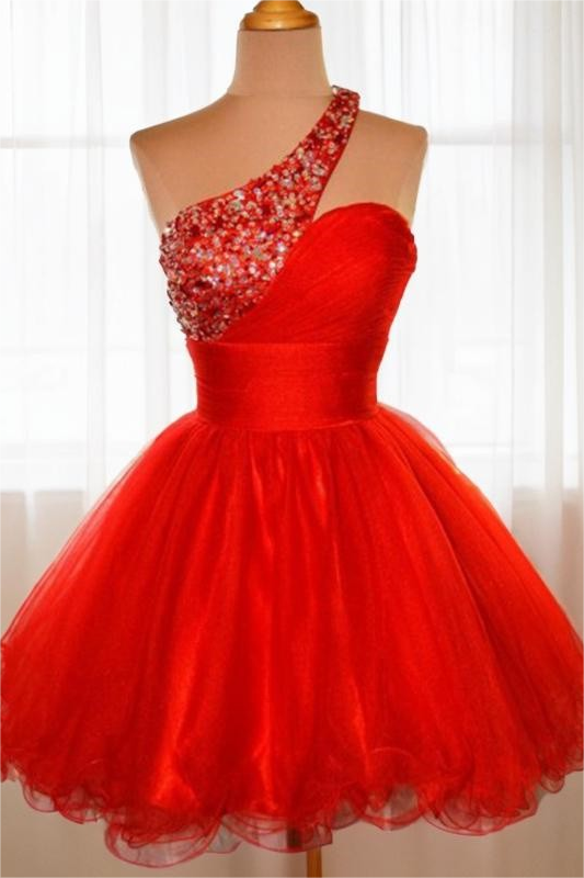Chic Red One Shoulder Sleeveless A Line Homecoming Dress With Beadings HC0045