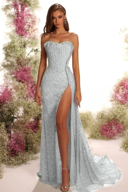 Strapless Sleeveless Long Split Prom Dress With Pleated Sequins ZT0541