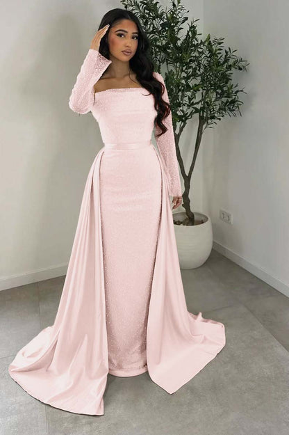 Long Sleeves Square Neck Long Mermaid Prom Dress With Beading HS0005