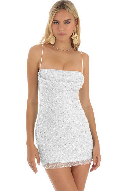 Mint Green Sequins Spaghetti Strap Sleeveless Pleated Homecoming Dress with Beadings HC0018