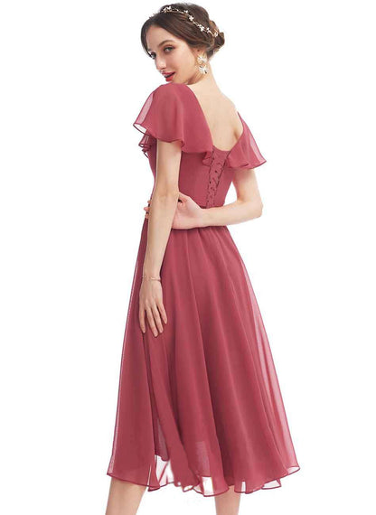 Simple Mulberry Chiffon V Neck Ruffled Short Sleeves Mid Bridesmaid Dress SYYS058