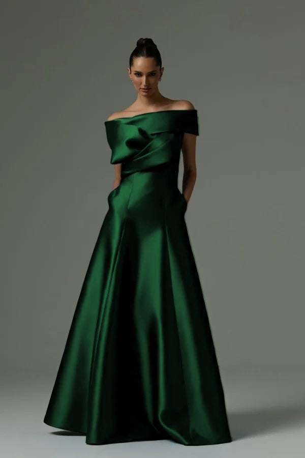 Off the Shoulder Sleeveless Long Prom Dress With Pleated Pocket ZT0773