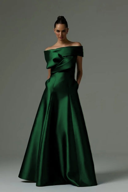 Off the Shoulder Sleeveless Long Prom Dress With Pleated Pocket ZT0773