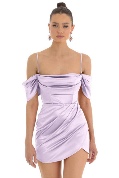Hellodresses Simple Fuchsia Satin Spaghetti Strap Off the Shoulder Pleated Short Homecoming Dress