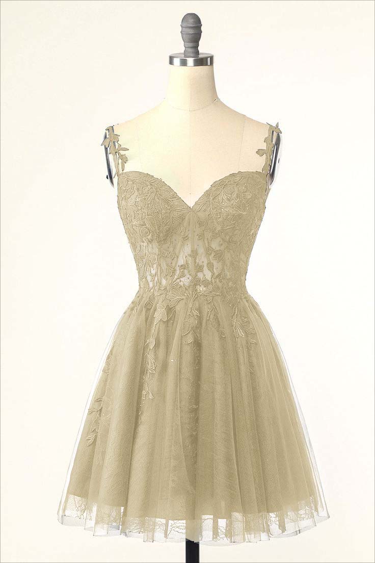 Dark Navy Tulle Sweetheart Spaghetti Strap Sleeveless Homecoming Dress With Embroidery HC0020