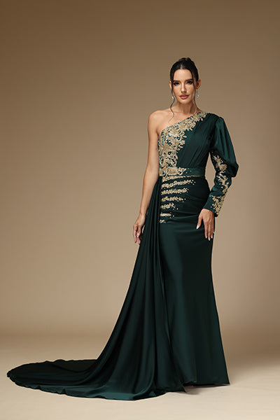 One Shoulder Dark Green Prom Dress Long Sleeve With Lace Printing YX0014
