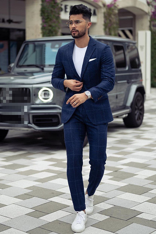 Notched Lapel Chic David Dark Navy Prince Suit For Groom With Plaid | Zelldresses