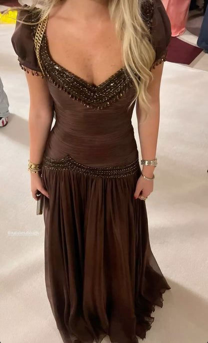 Dark Brown A Line Short Sleeve Beaded Chiffon Long Prom Dress Evening Dress SH4623