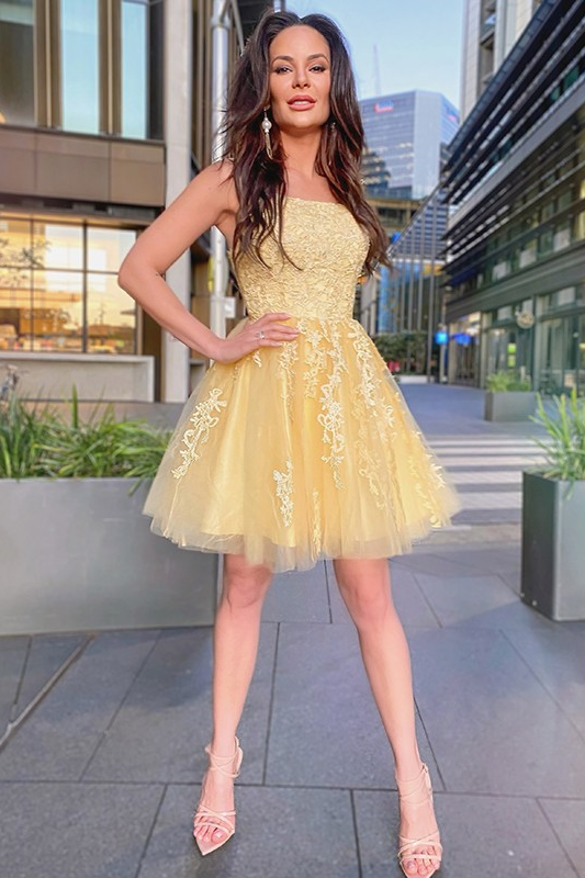 Hellodresses Spaghetti Strap Sleeveless Short A Line Homecoming Dress With Appliques